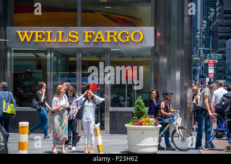 A Wells Fargo bank branch in busy Midtown Manhattan in New York on Wednesday, June 6, 2018. (Â© Richard B. Levine) Stock Photo