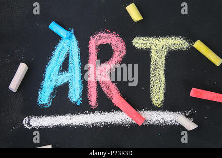 The text of the art is drawn with colorful chalk on a chalkboard Stock Photo