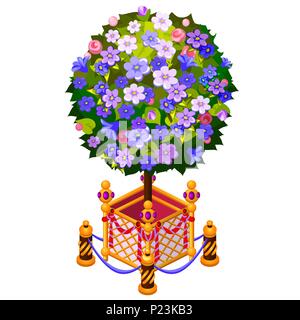 Compact tree in golden pot with fence isolated on white background. Vector cartoon close-up illustration. Stock Vector