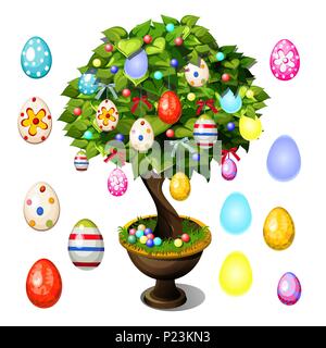 Bonsai tree decorated with Easter eggs for poster, invitation and other cards isolated on white background. Vector cartoon close-up illustration. Stock Vector