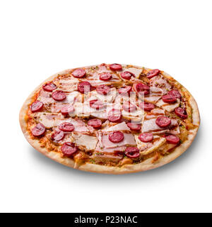 Ham and sausage pizza on white background. Copy space. Recipe and menu. Top view. Stock Photo