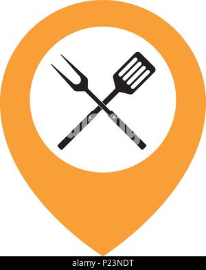 Food Location Icon Logo Design Element. BBQ or grill tools icon. Crossed barbecue fork with spatula and map pointer. Black simple silhouette. Vector f Stock Vector