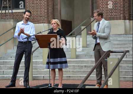 ANN ARBOR, MI - AUG 13: State representatives Rabhi and Zemke with US Representative Dingell at a rally in solidarity with counter-protesters in Charl Stock Photo
