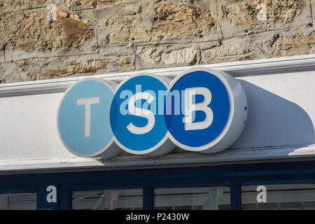 Overhead sign of retail TSB bank branch in Truro, Cornwall. Stock Photo