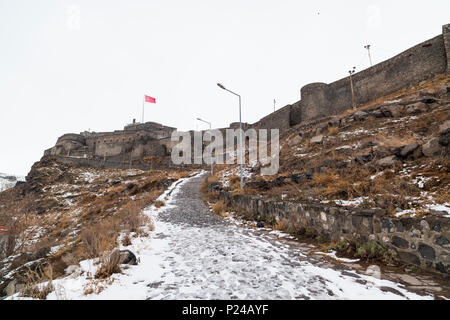 General bottom view of historical famous Kars Castle on meadow hill, Kars, Eastern Anatolia Region Turkey Stock Photo