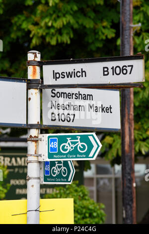 National Cycle Route 48 direction sign. Bramford, Suffolk, UK. Directions. Signs. Signpost. Blue 48. B1067 Ipswich, Somersham, Needham Market Stock Photo
