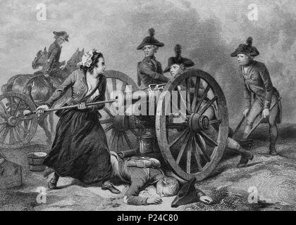 Molly Pitcher at the Battle of Monmouth, June 28,1778,  during the American Revolution. The legend of Molly Pitcher is closely associated with the battle Stock Photo