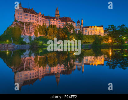 Danube River with Sigmaringen Castle in the evening, castle of the Hohenzollern family, Upper Danube Valley, Swabian Jura, Germany, Europe Stock Photo
