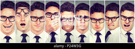 Mood swings. Young man changing emotions from being happy to getting upset and angry screaming Stock Photo