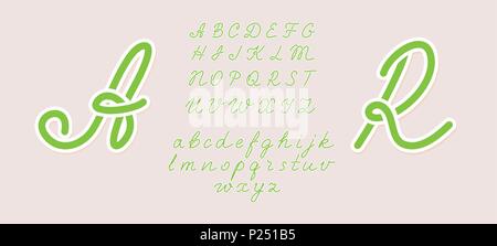 Handwritten italic light font. Uppercase and lowercase. Hand drawn pen style modern calligraphy cursive typeface. Vector type set. Green summer style. Any letters can be a logotype. Stock Vector