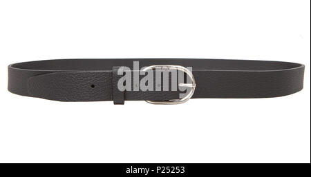 Black Leather Belt on White Background. Leather belt isolated on white. Stock Photo