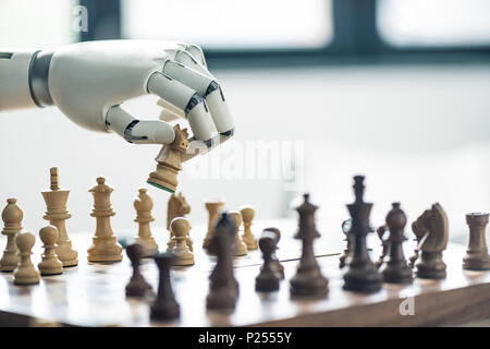 close-up view of robot playing chess, selective focus Stock Photo
