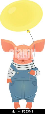 Cute pig holding balloon. Pig in overalls vector illustration Stock Vector