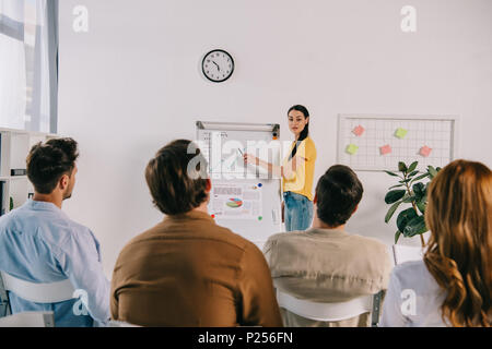 business people in casual clothing listening to female mentor at white board on business training in office Stock Photo