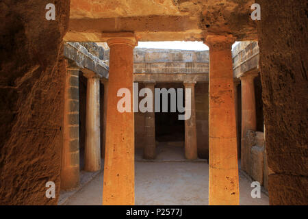 An underground burial place with Doric columns at the Tombs of the Kings in Paphos, Cyprus Stock Photo