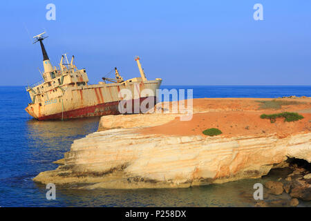 The M/V Edro III shipwreck resting off the rocks near the Sea Caves just outside Pegeia, Cyprus since 2011 Stock Photo