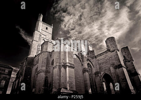 Gothic cathedral of Saint Just and Saint Pasteur, start of construction work in 1272, black and white Stock Photo