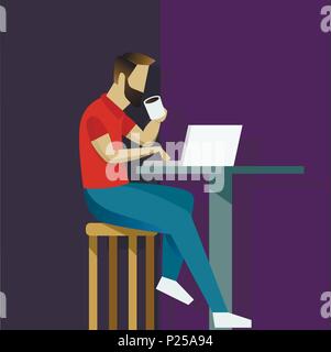 Vector illustration in flat style with business man character - guy sitting at the desk with laptop - start up, freelance and outsource work concept Stock Vector