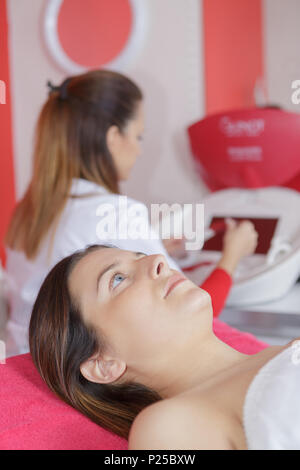female waiting for a mustache depilation Stock Photo