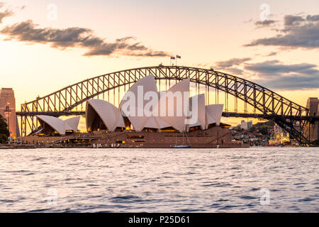 Opera House and Harbour Bridge at sunset, Sydney, New South Whales, Australia Stock Photo