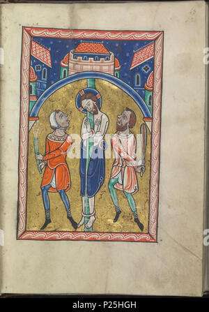 .  English: Images from the life of Christ - The tortures of Christ, Christ is flagellated - Psalter of Eleanor of Aquitaine (ca. 1185) - KB 76 F 13, folium 022r Nederlands: Voorstelingen uit het leven van Christus - De geseling van Christus - Psalter van Eleonora van Aquitanië (ca. 1185) - KB 76 F 13, folium 022r .  English: Folium 022r from the Psalter of Eleanor of Aquitaine (ca. 1185) from the collection of the National Library of the Netherlands. The illumination shows Images from the life of Christ - The tortures of Christ, Christ is flagellated. Nederlands: Folium 022r van het Psalter v Stock Photo