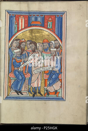 .  English: Images from the life of Christ - Caiaphas and the priests conspiring against Christ - Psalter of Eleanor of Aquitaine (ca. 1185) - KB 76 F 13, folium 020r Nederlands: Voorstelingen uit het leven van Christus - Kajafas en de priesters spannen samen tegen Christus - Psalter van Eleonora van Aquitanië (ca. 1185) - KB 76 F 13, folium 020r .  English: Folium 020r from the Psalter of Eleanor of Aquitaine (ca. 1185) from the collection of the National Library of the Netherlands. The illumination shows Images from the life of Christ - Caiaphas and the priests conspiring against Christ. Ned Stock Photo