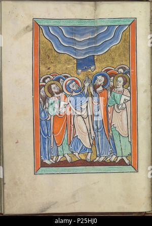 .  English: Images from the life of Christ - The Ascension, Christ ascends into heaven above the apostles - Psalter of Eleanor of Aquitaine (ca. 1185) - KB 76 F 13, folium 026v Nederlands: Voorstelingen uit het leven van Christus - De hemelvaart van Christus - Psalter van Eleonora van Aquitanië (ca. 1185) - KB 76 F 13, folium 026v .  English: Folium 026v from the Psalter of Eleanor of Aquitaine (ca. 1185) from the collection of the National Library of the Netherlands. The illumination shows Images from the life of Christ - The Ascension, Christ ascends into heaven above the apostles. Nederland Stock Photo