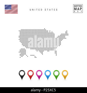 Dotted Map of the USA. Simple Silhouette of the USA. National flag of the USA. Set of Multicolored Map Markers. Illustration Isolated on White Stock Photo