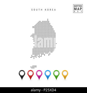 Dotted Map of South Korea. Simple Silhouette of South Korea. Set of Multicolored Map Markers. Illustration Isolated on White Background. Stock Photo