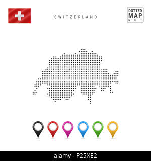 Dotted Map of Switzerland. Simple Silhouette of Switzerland. The National Flag of Switzerland. Set of Multicolored Map Markers. Illustration Isolated  Stock Photo