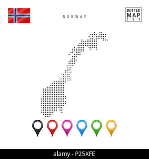 Dotted Map of Norway. Simple Silhouette of Norway. The National Flag of Norway. Set of Multicolored Map Markers. Illustration Isolated on White Backgr Stock Photo