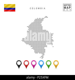 Dotted Map of Colombia. Simple Silhouette of Colombia. The National Flag of Colombia. Set of Multicolored Map Markers. Illustration Isolated on White  Stock Photo