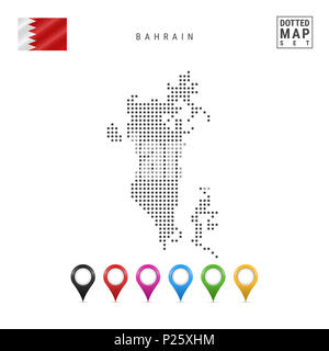 Dotted Map of Bahrain. Simple Silhouette of Bahrain. The National Flag of Bahrain. Set of Multicolored Map Markers. Illustration Isolated on White Bac Stock Photo