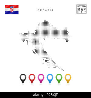 Dotted Map of Croatia. Simple Silhouette of Croatia. The National Flag of Croatia. Set of Multicolored Map Markers. Illustration Isolated on White Bac Stock Photo