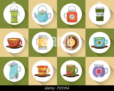 coffee and tea time set teapot coffee maker cups Stock Vector