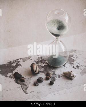 Run Map Shells Preparation for the vacation, time is running out, world map, sand ...