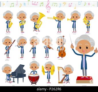 A set of senior women on classical music performances. There are actions to play various instruments such as string instruments and wind instruments.  Stock Vector
