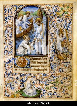 . Folio 002r from the Book of Hours of Simon de Varie - KB 74 G37a .  Folio 002r from the Book of Hours of Simon de Varie - KB 74 G37a Miniature on the folio 002r     Christ appears at the Lake of Gennesaret, St. Peter walks on the water    . 1455 34 Book of Hours of Simon de Varie - KB 74 G37a - folio 002r Stock Photo