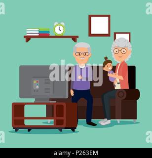 grandparents couple with baby in the living room Stock Vector