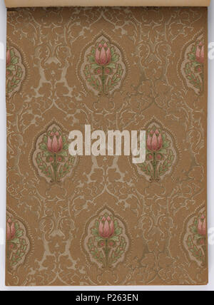 .  English: Sample Book (USA), ca. 1915 .  English: 179 pages (incl. top borders; not. incl. attached lower borders or fabric swatches) Tapestry, landscape, ingrain and oatmeal papers, many tone on tone. Some sidewalls have matching top and bottom borders. Some have tiffany grounds and flitter borders. High-relief cut out borders as well as cut out borders. Some sidewalls are embossed and/or printed to simulate leather. Some have matching fabric swatch attached. Some borders have the appearance of airbrushing. Some sidewalls appear to be intaglio printed. Floral stripe designs for bedrooms and Stock Photo