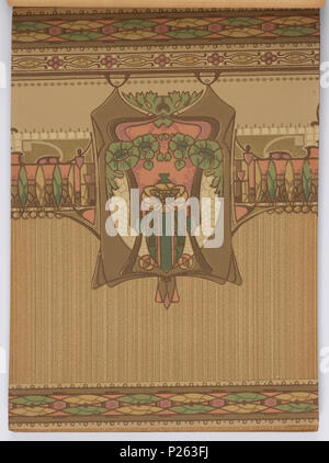 .  English: Sample Book (USA), ca. 1915 .  English: 179 pages (incl. top borders; not. incl. attached lower borders or fabric swatches) Tapestry, landscape, ingrain and oatmeal papers, many tone on tone. Some sidewalls have matching top and bottom borders. Some have tiffany grounds and flitter borders. High-relief cut out borders as well as cut out borders. Some sidewalls are embossed and/or printed to simulate leather. Some have matching fabric swatch attached. Some borders have the appearance of airbrushing. Some sidewalls appear to be intaglio printed. Floral stripe designs for bedrooms and Stock Photo