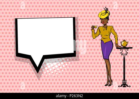 Black afro young woman pop art. Elegantly dressed, in a beautiful retro hat and fashionable dress stands and drinks tea. Stock Vector