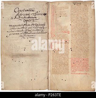 . Pantegni pars prima theorica (lib. I-X) - folios viii (left) and 001r (right)  .  Lefthand side folio viii; righthand side folio 001r from an 11th century copy of the Liber pantegni The black circles are holes created by worms eating away at the parchment sometime during the nine and a half centuries since it was written This is the earliest known copy (prior to 1086) of the Liber pantegni, made at Monte Cassino under the supervision of Constantine the African It is dedicated to Abbot Desiderius of Monte Cassino (1027-1087), before he became Pope Victor III Folio 1r, middle of left column: ' Stock Photo