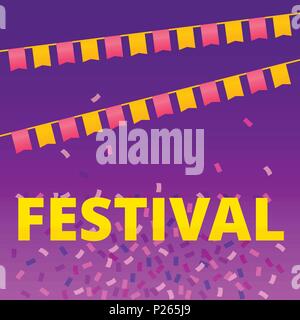 Carnival Poster with colorful flags and confetti on gradient background with the inscription Festival Design template in realistic style Stock Vector