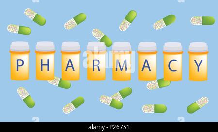 Pharmacy letter on refill medicine bottle with green capsules on cyan background. Stock Vector