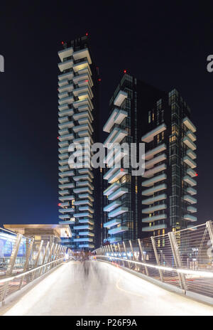 View of the Torre Aria, Torre Solaria, Torre Solea and Unicredit Pavillion from the bridge connecting to Gae Aulenti square. Milan, Lombardy, Italy. Stock Photo