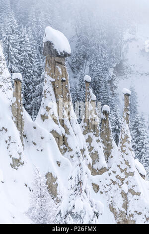 Perca/Percha, province of Bolzano, South Tyrol, Italy, Europe. Winter at the Earth Pyramids