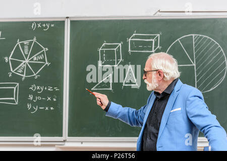 grey hair professor pointing on something with pencil on blackboard Stock Photo