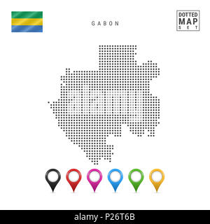 Dotted Map of Gabon. Simple Silhouette of Gabon. The National Flag of Gabon. Set of Multicolored Map Markers. Illustration Isolated on White Backgroun Stock Photo