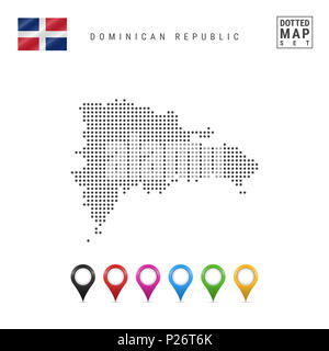 Dotted Map of Dominican Republic. Simple Silhouette of Dominican Republic. The National Flag of Dominican Republic. Set of Multicolored Map Markers. I Stock Photo